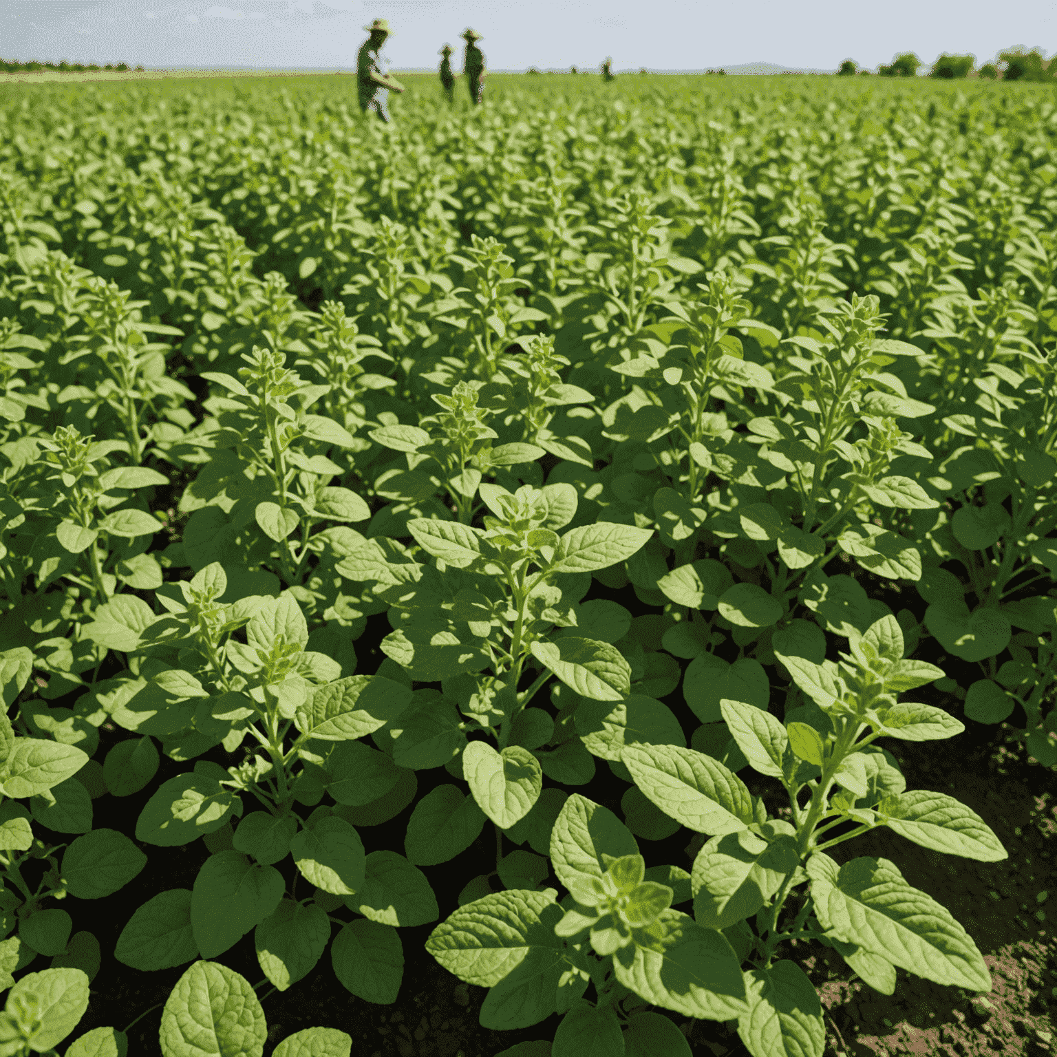 Pole oregano dotknięte zmianami klimatycznymi, z widocznymi oznakami suszy i uszkodzonymi roślinami. W tle widoczne są zaniepokojeni rolnicy.