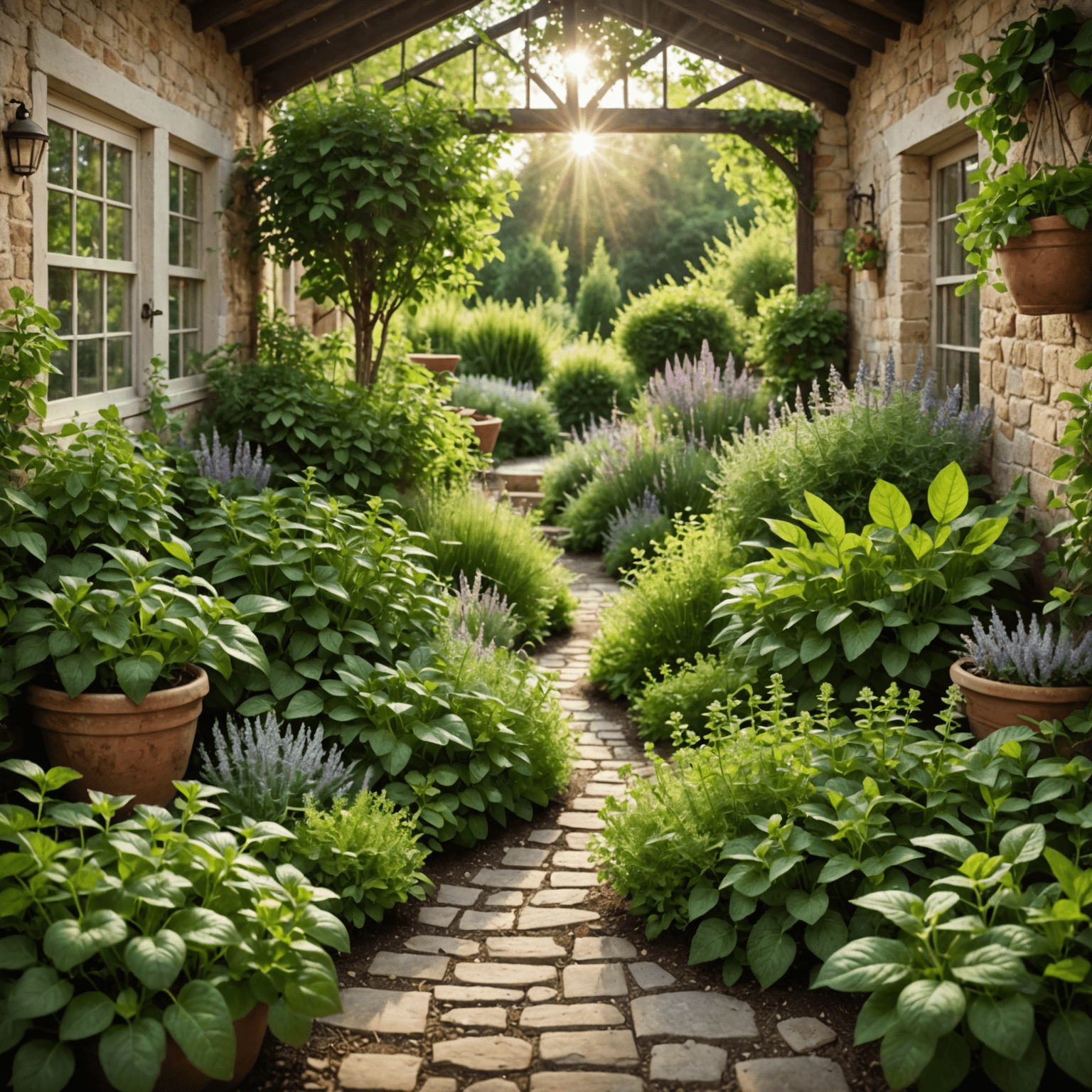 Bujny ogródek ziołowy z oregano w centrum, otoczony innymi ziołami śródziemnomorskimi. Promienie słońca przenikają przez liście, tworząc ciepłą, zapraszającą atmosferę.