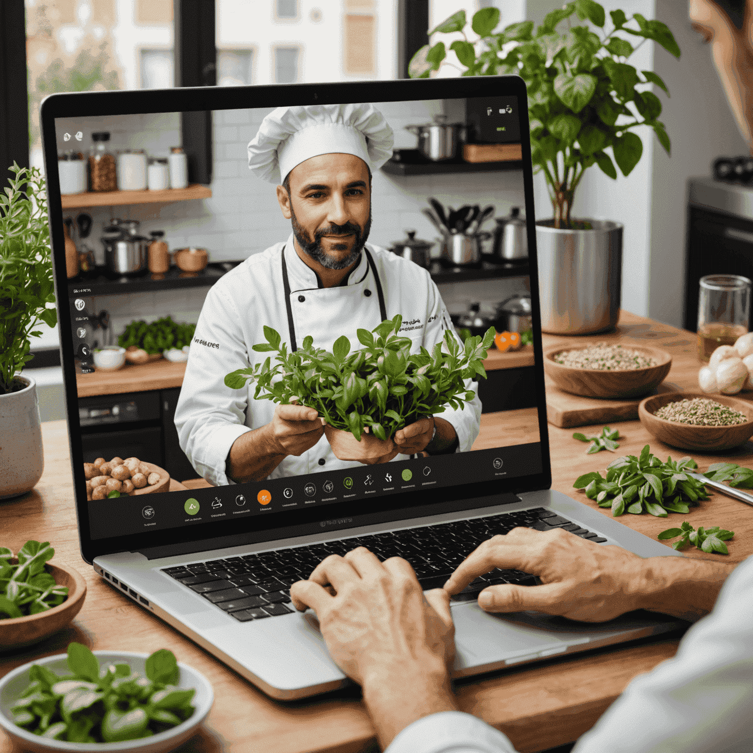 Profesjonalny szef kuchni prowadzący wirtualną sesję konsultacyjną, pokazujący różne zioła, w tym oregano, na ekranie laptopa