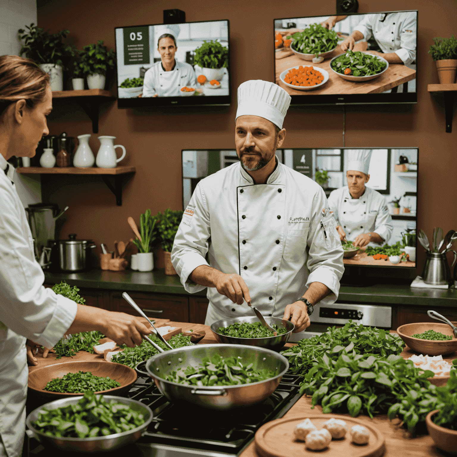 Szef kuchni prowadzący wirtualną klasę kulinarną, demonstrując alternatywne zioła i techniki gotowania w odpowiedzi na niedobór oregano. Na ekranie widoczni są uczestnicy z całego świata.