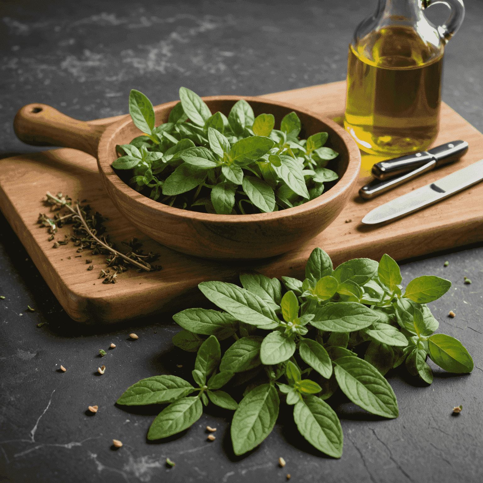 Świeże liście oregano na drewnianej desce do krojenia, obok leży nóż kuchenny i miska z oliwą z oliwek