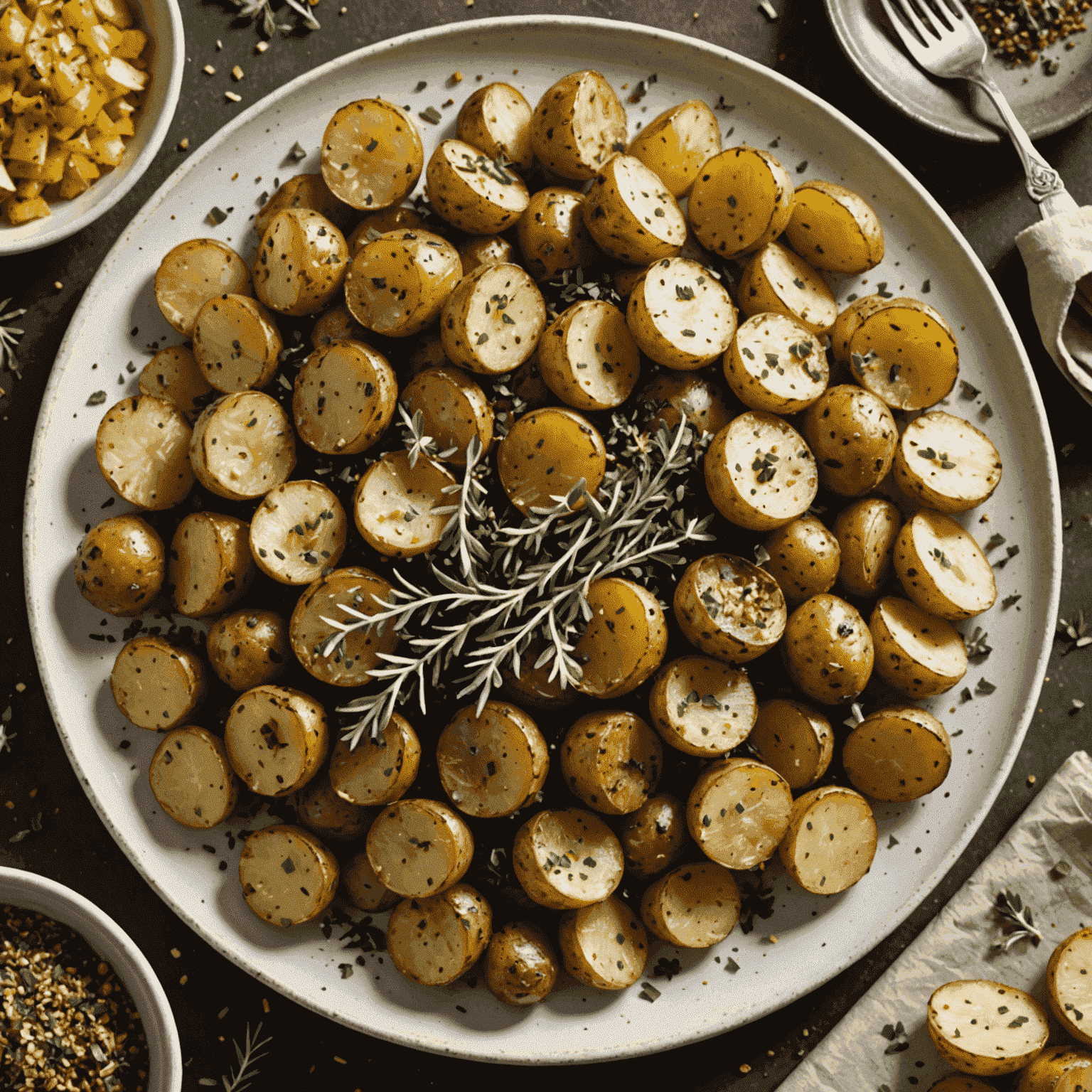 Talerz z pieczonymi ziemniakami posypanymi obficie suszonym oregano, widoczne złociste i chrupiące kawałki