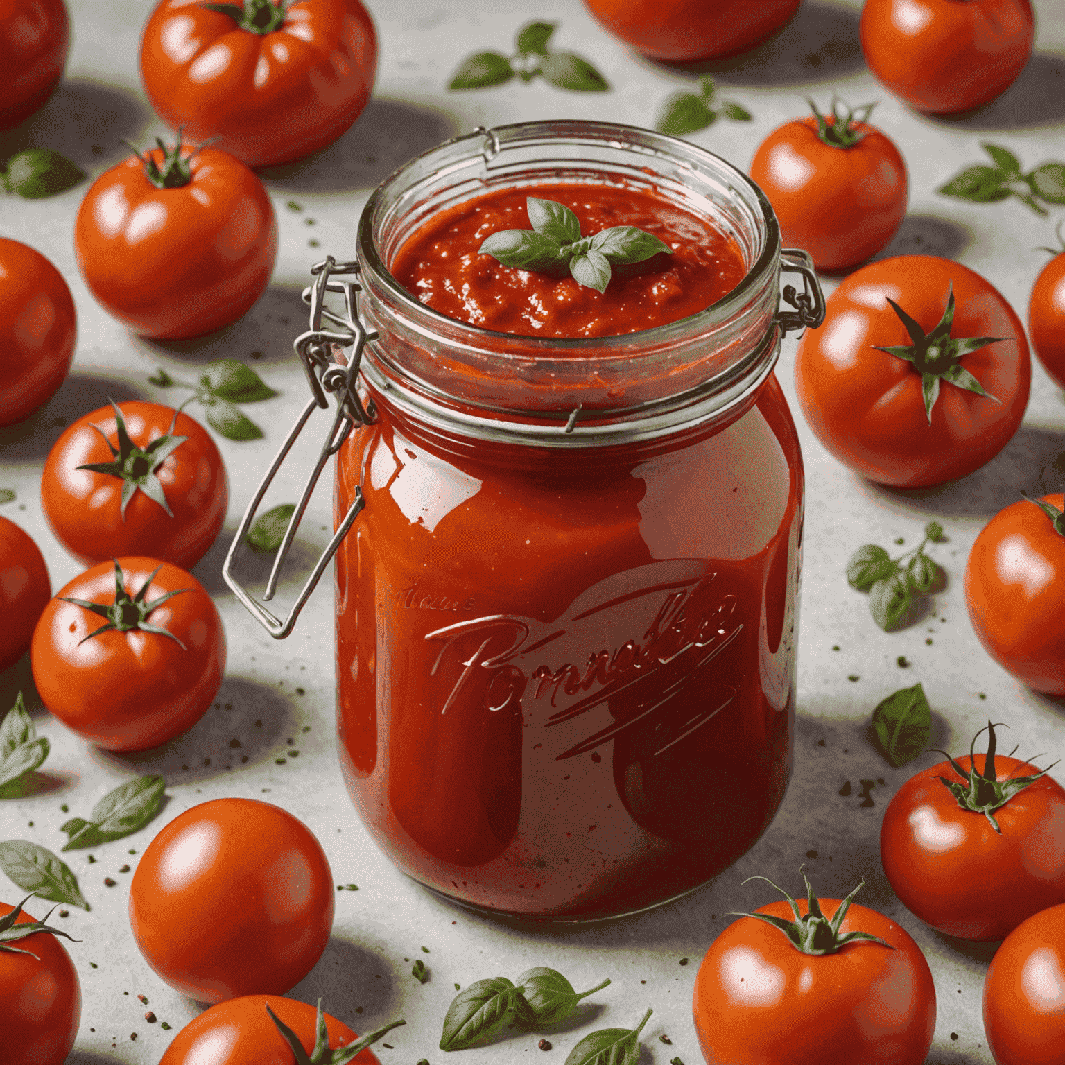 Szklany słoik wypełniony domowym sosem pomidorowym z widocznymi kawałkami pomidorów i listkami oregano